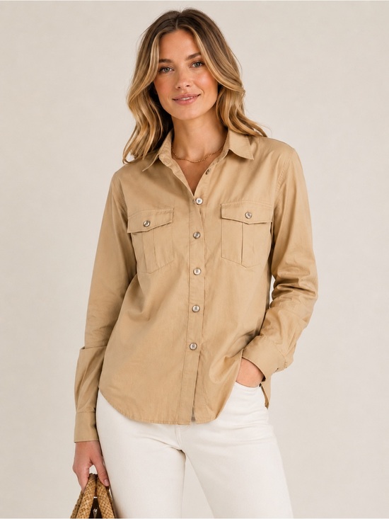 Tops - Tuckernuck Utility Button Down Shirt Women’s Medium Beige Cotton Long Sleeve Top